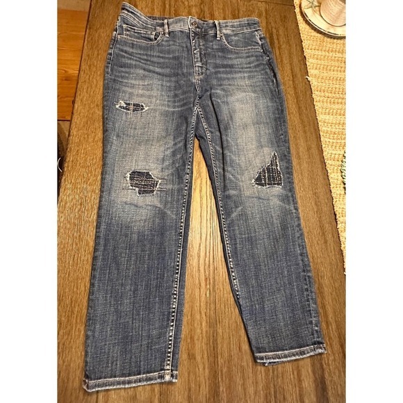 White House Black Market‎ Denim Jeans Ankle High-Rise Distressed Patched 12S - Picture 2 of 12